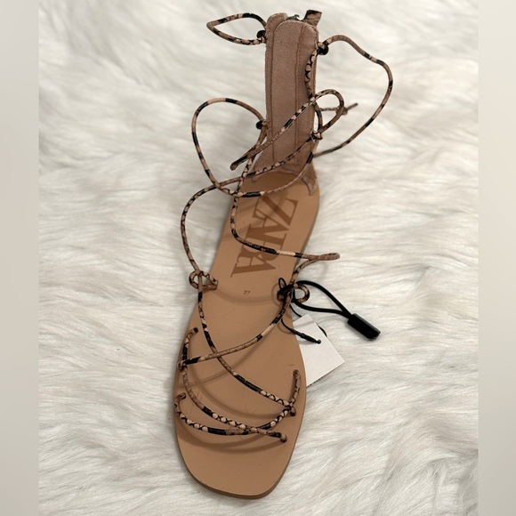 ZARA Snakeskin Print Lace up Gladiator Flat Sandals - Picture 14 of 14